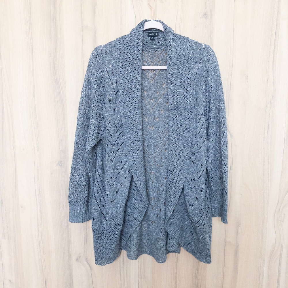 Torrid Womens Open Knit Cardigan Size 2X Gray Pointelle Crochet Boho Lightweight